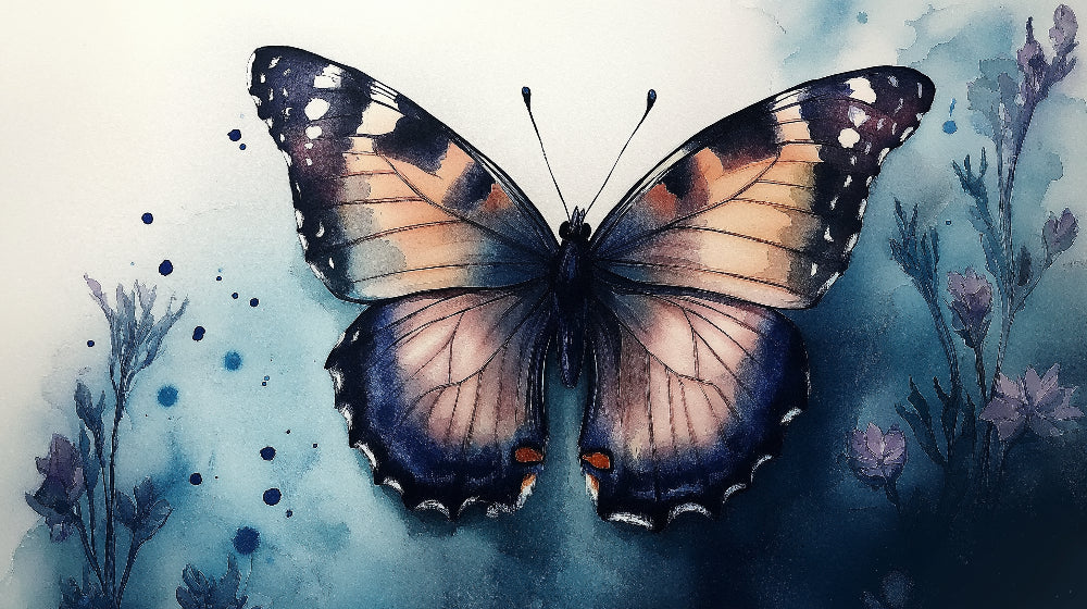 Watercolor butterfly wallpaper design file showing detailed navy blue wings and artistic nature elements