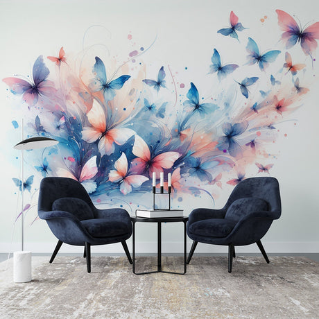 Butterfly wallpaper mural creating a dreamy atmosphere in a bright modern bedroom with soft pink and blue tones