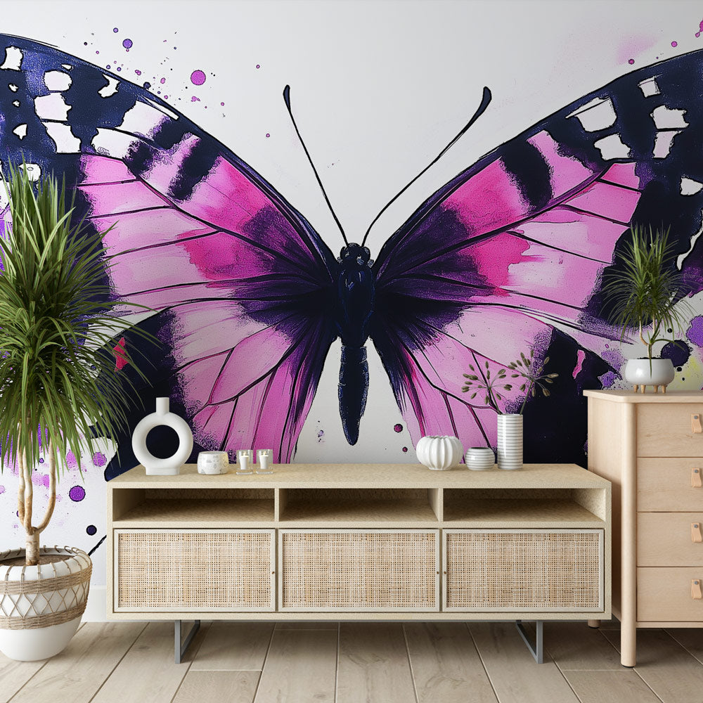 Butterfly wall mural in pink and purple watercolor style creating a magical atmosphere in a modern living room