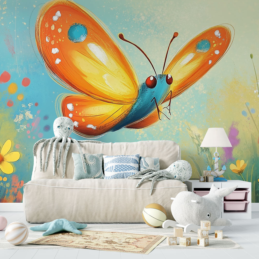 Butterfly garden mural wallpaper bringing life to a bright living room with natural light and modern furniture