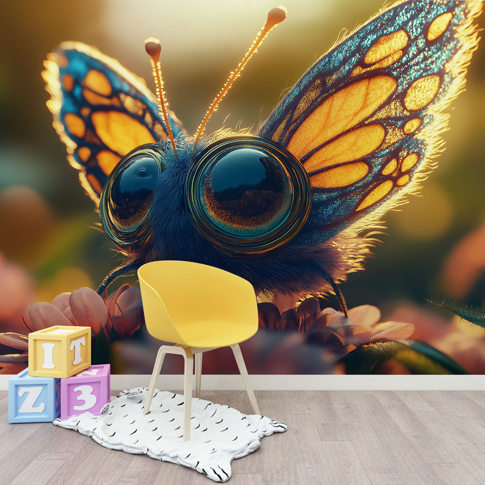 Butterfly macro wallpaper creating a magical focal point in a bright modern living room with natural lighting