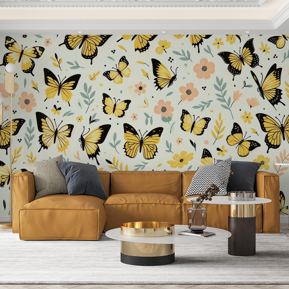 Yellow Monarch Butterfly wallpaper creating a bright, cheerful atmosphere in a modern living room with natural light
