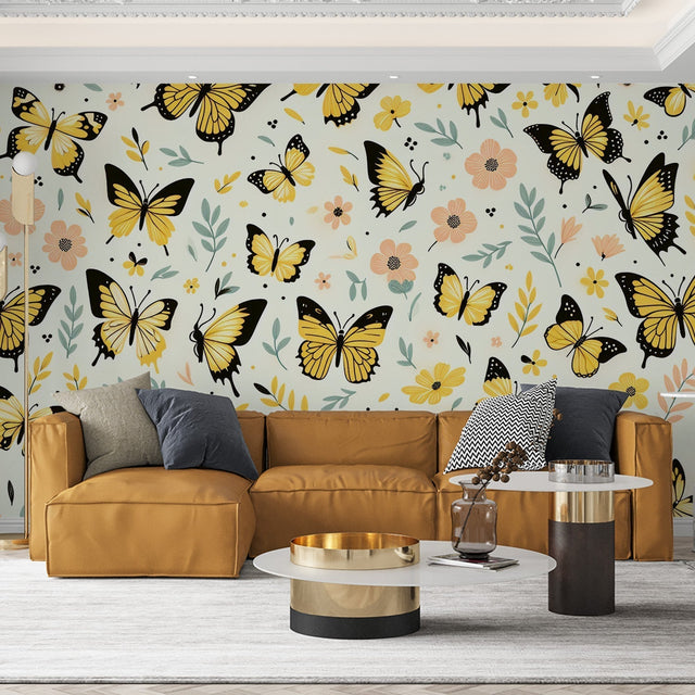 Yellow Monarch Butterfly wallpaper creating a bright, cheerful atmosphere in a modern living room with natural light
