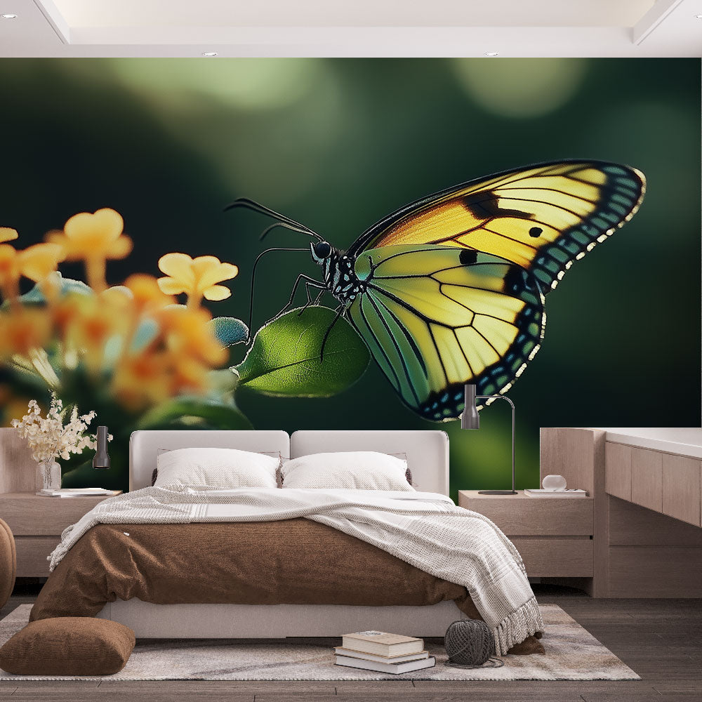 Butterfly wall mural creating a sunny focal point in a bright living room with natural light streaming through windows