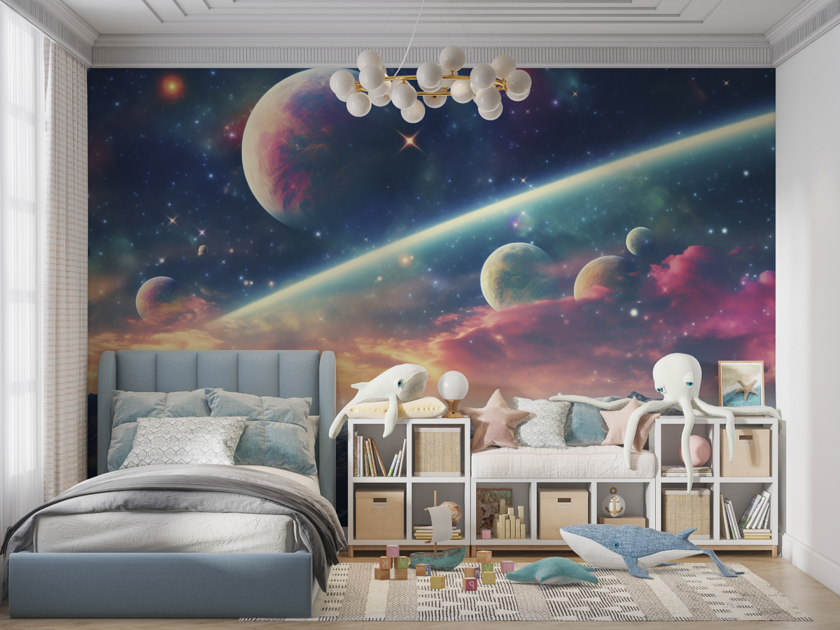 Space Mural Wallpaper | Cosmic Nebula With Planets