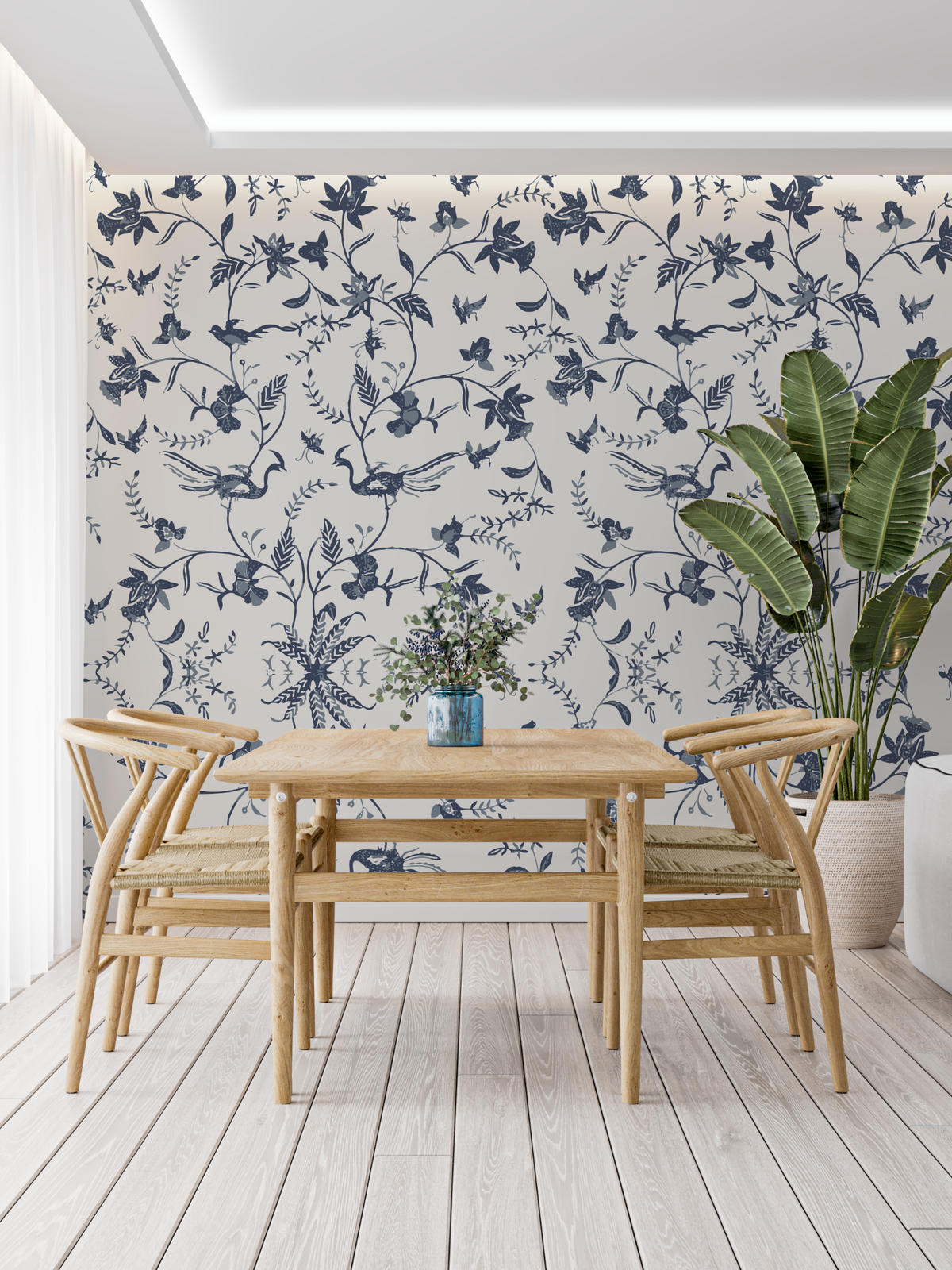 Floral Mural Wallpaper | Blue Birds and Flowers Pattern