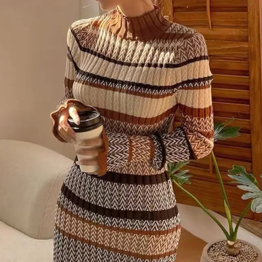 Striped Knit Maxi Dress Wool Blend Turtleneck Design - Detailed view