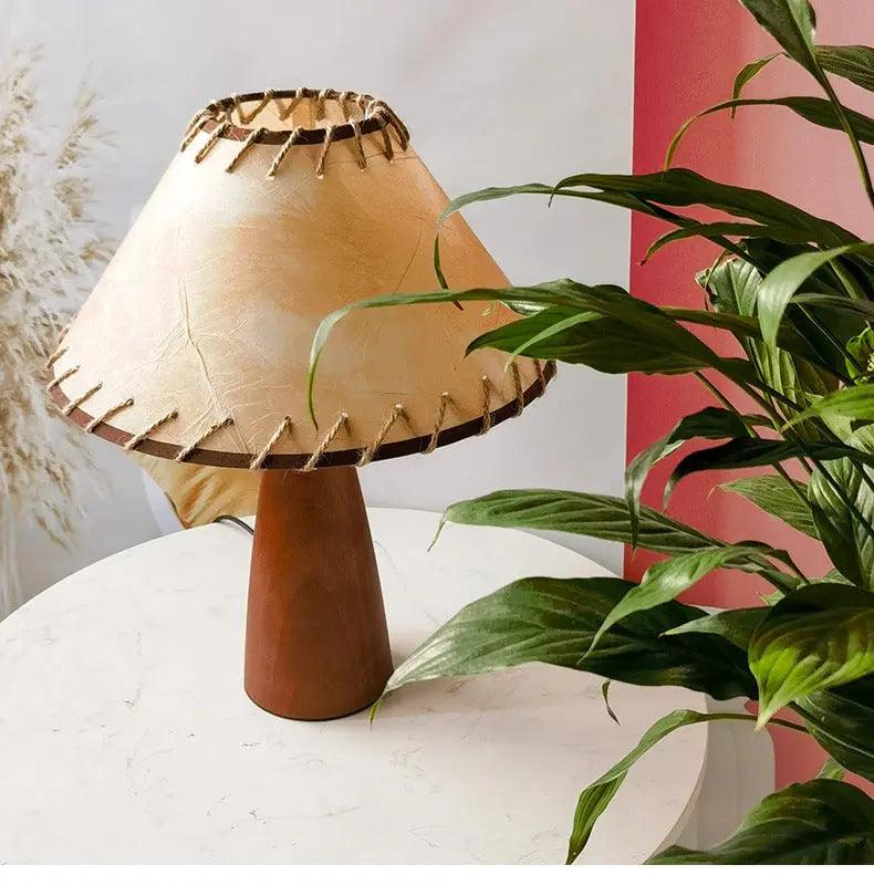 Retro Solid Wood Table Lamp Conical Shade With Stitched Detail - Detailed view