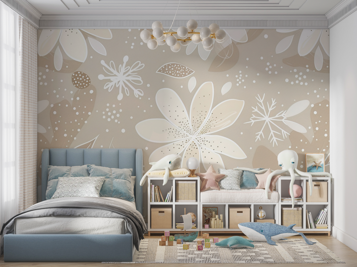 Floral Mural Wallpaper | Elegant Beige Snowflake Design