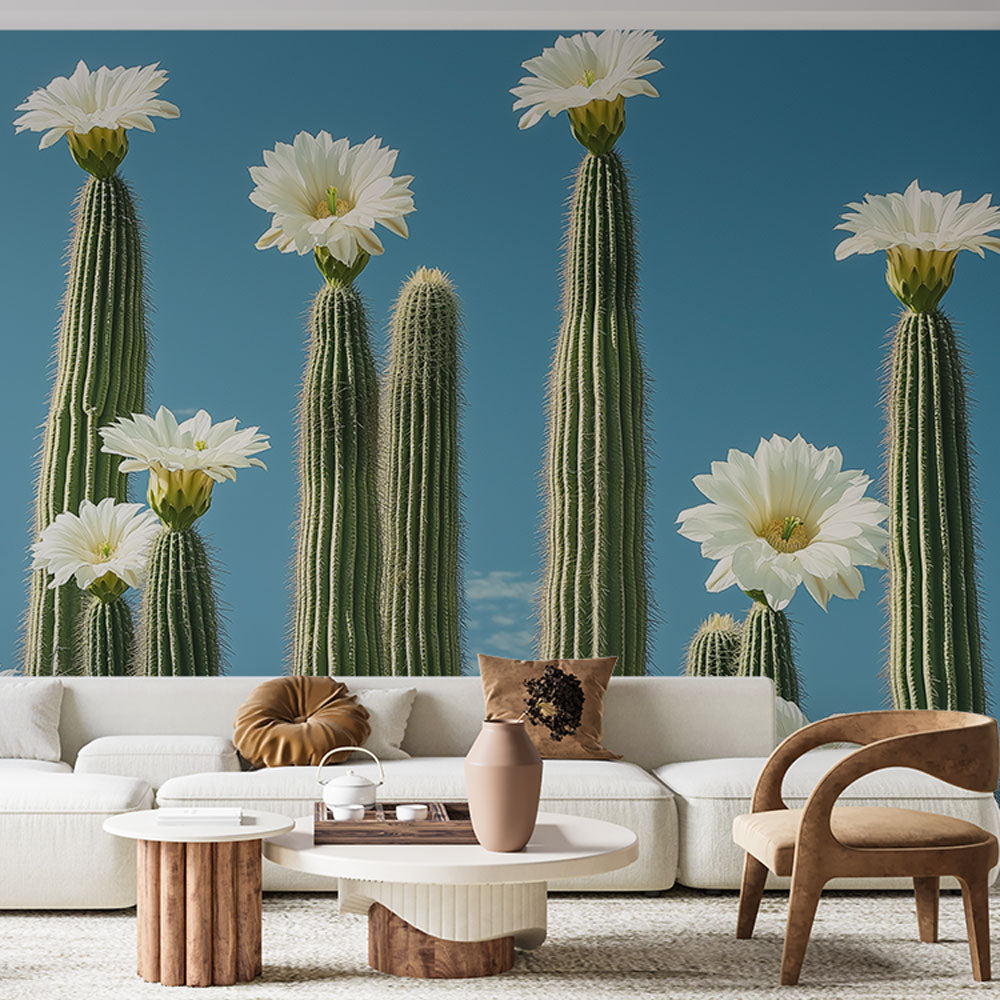 Desert Cactus Wallpaper with white blooms creating a stunning backdrop in a modern living room with minimal furniture