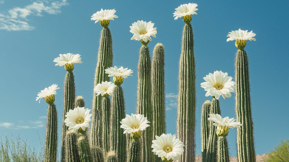 Desert Cactus Wallpaper design file showing detailed saguaro cacti with white flowers against turquoise sky