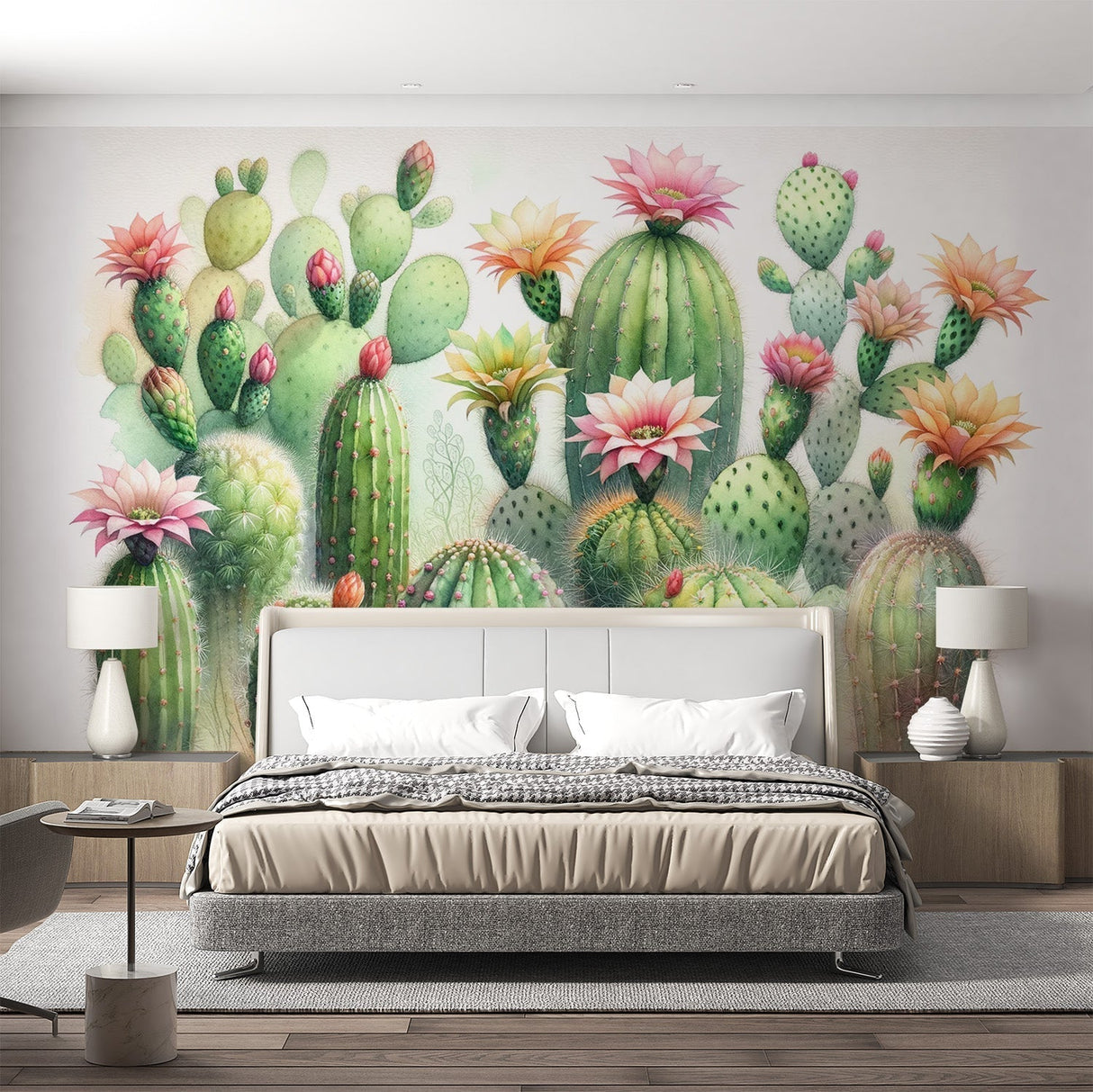 Watercolor Cactus Wallpaper creating a peaceful atmosphere in a modern living room with natural light