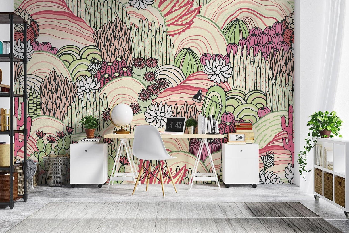 Pink and green Cactus Mural Wallpaper creating a cozy atmosphere in a modern living room