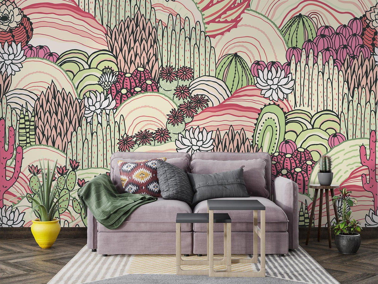 Desert Garden Wallpaper brightening up a minimalist bedroom space