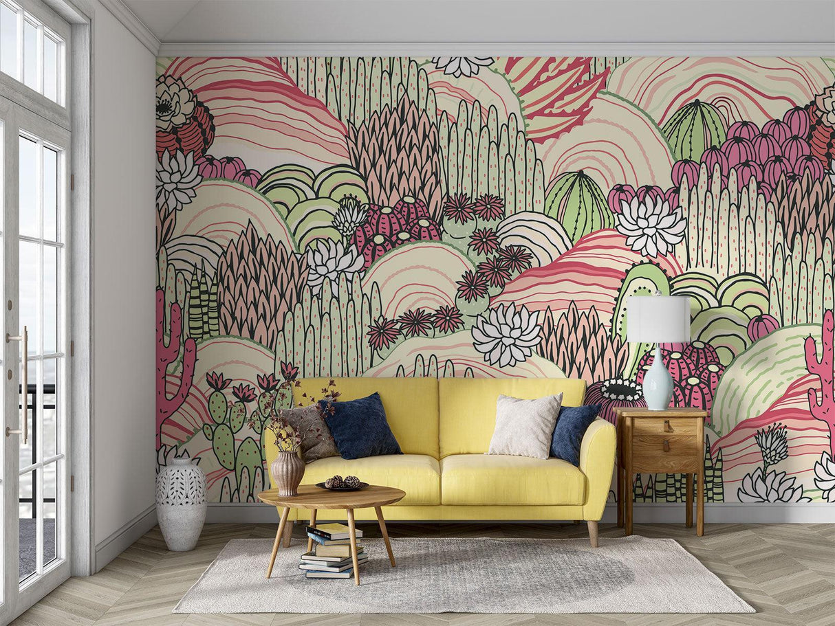 Botanical cactus wall mural adding charm to a home office setup