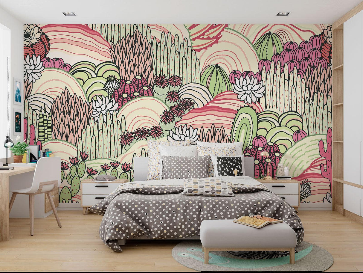 Whimsical desert garden wallpaper transforming a dining room wall