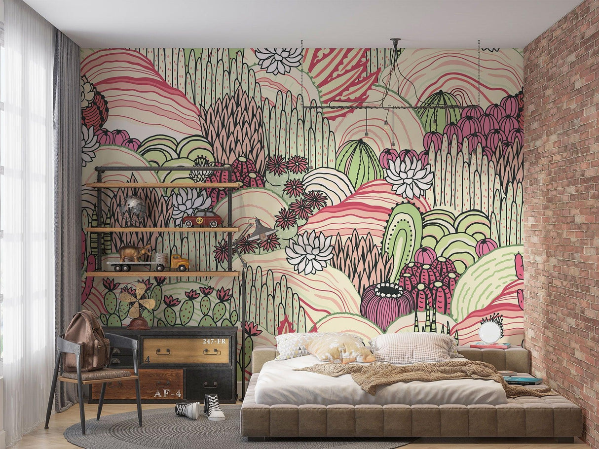 Pink succulent wallpaper creating a focal point in a reading nook