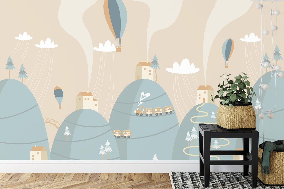 Kids Mountain Mural Wallpaper | Whimsical Train and Hot Air Balloons