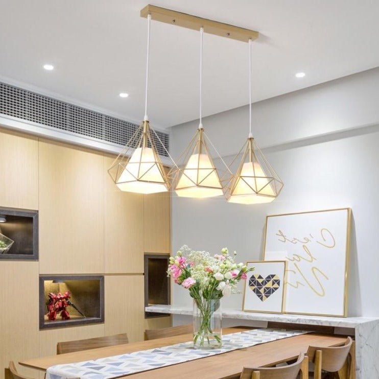 Geometric Pendant Light Gold Iron Frame With White Glass Shade - Product example