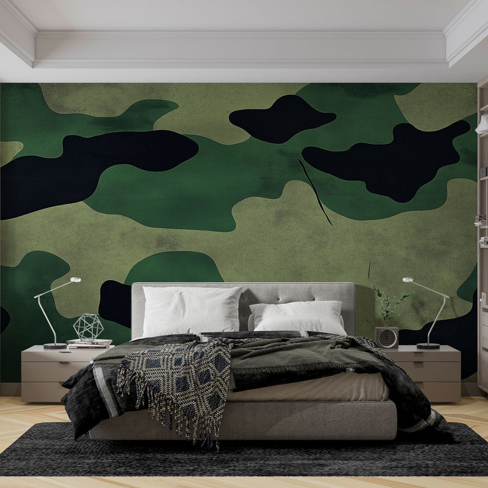 Military camouflage wallpaper mural styled in modern gaming room with black furniture and LED lighting