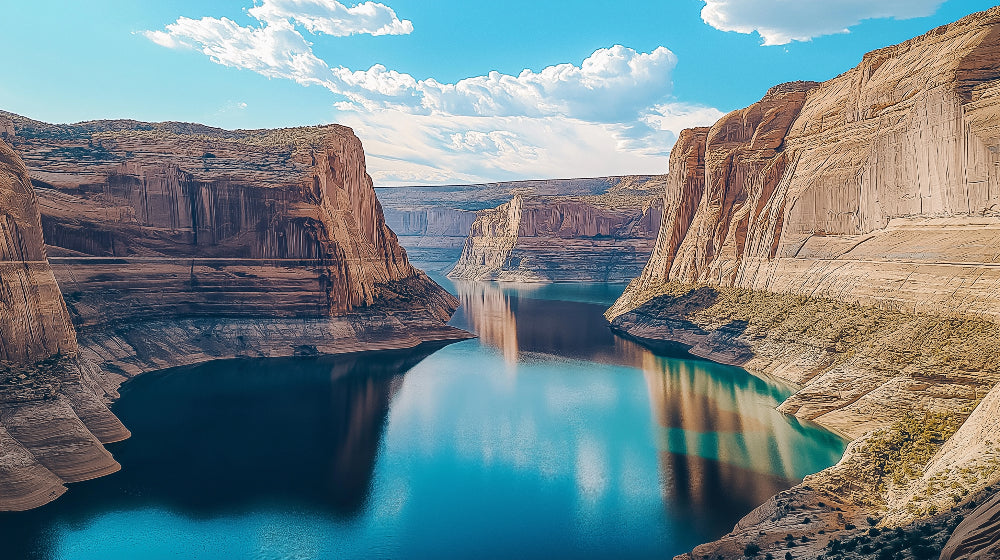 Desert canyon lake design file showing detailed turquoise waters and sandstone cliffs