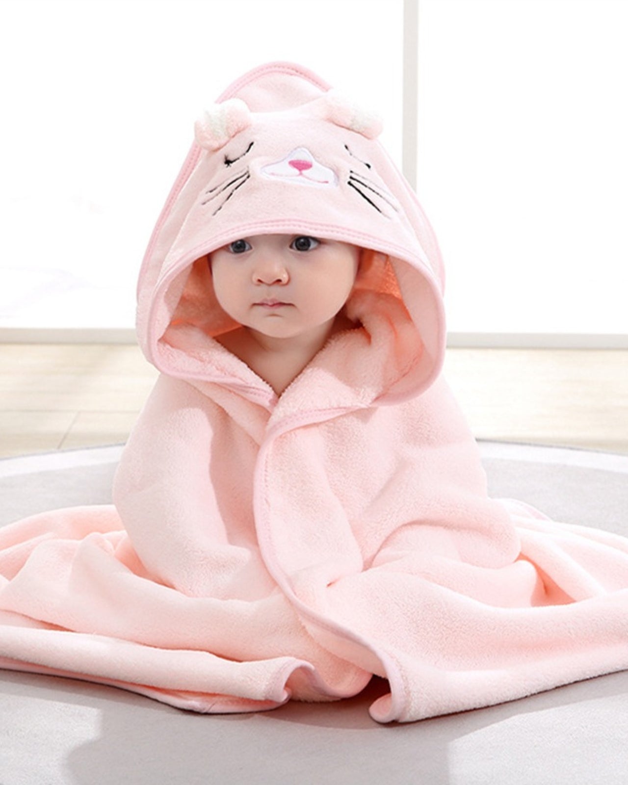 Baby Hooded Bath Towel  Pink Kitty Design for 0-3 Years - Product showcase