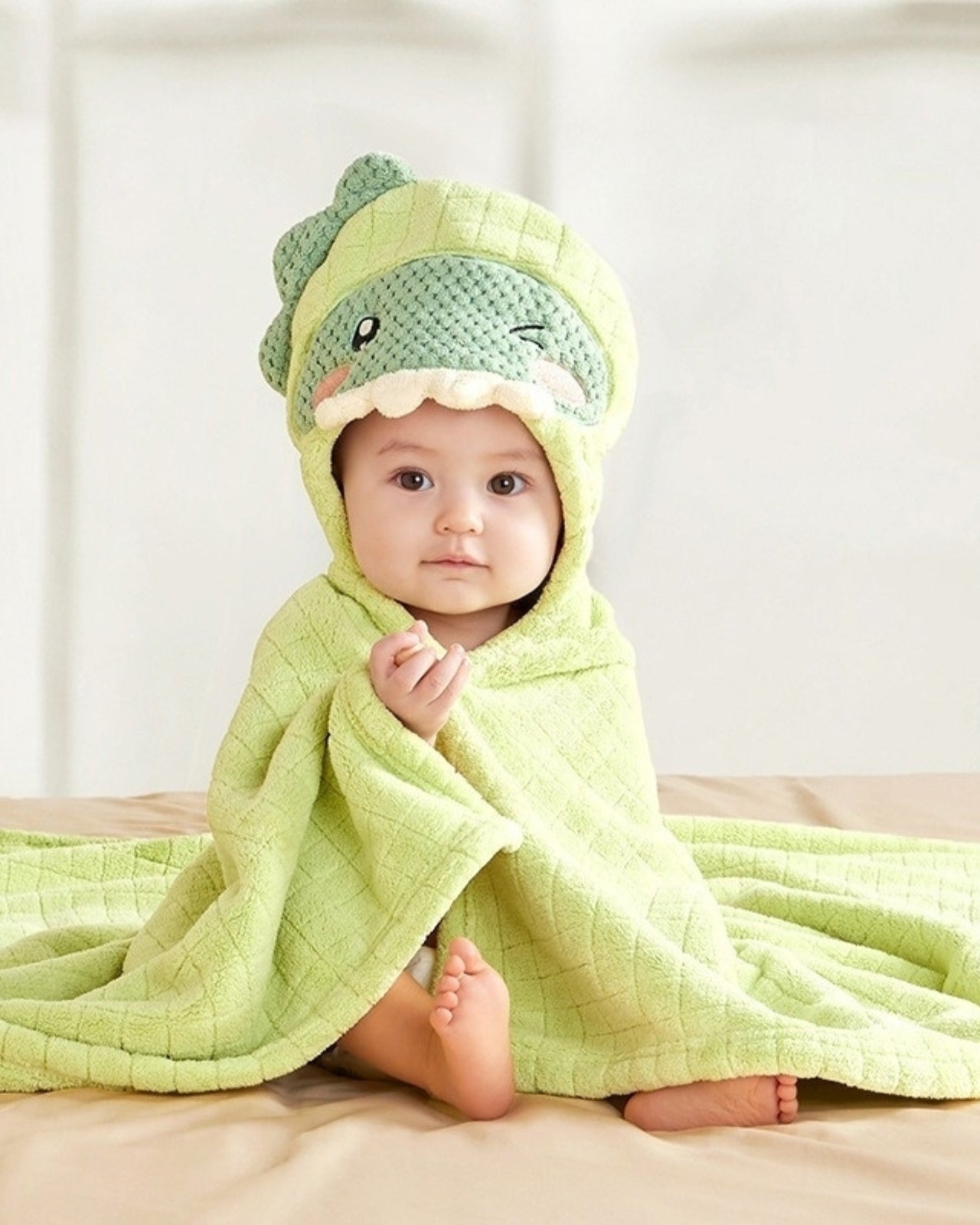 Baby Hooded Towel  Green Dinosaur Pure Cotton Bath Wrap - Product showcase