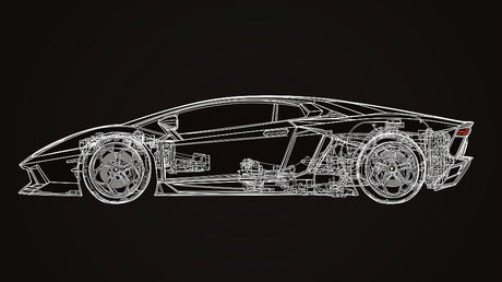 Car blueprint design file showing detailed white line technical drawing on black background