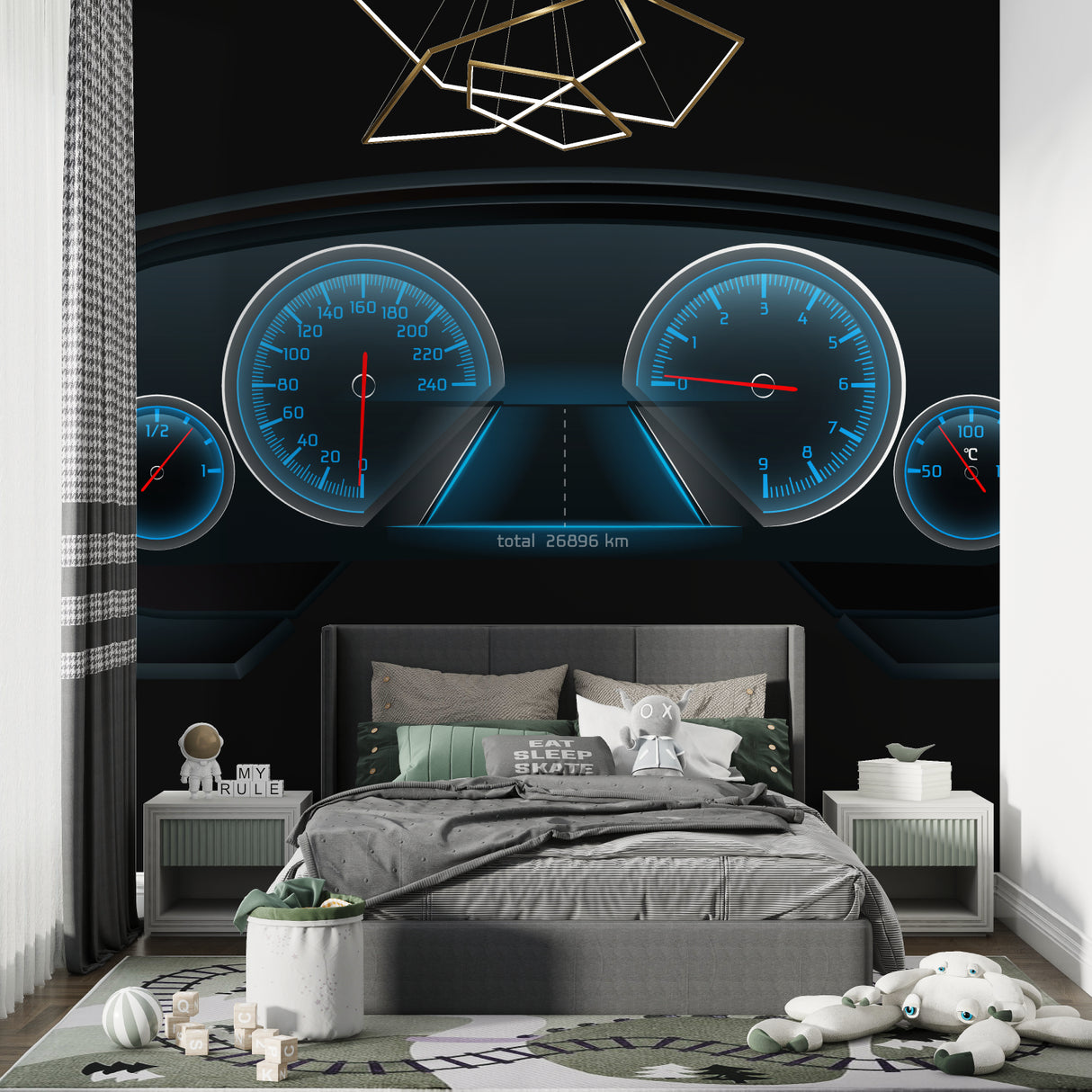 Digital speedometer wallpaper creating cool gaming atmosphere in modern teen bedroom