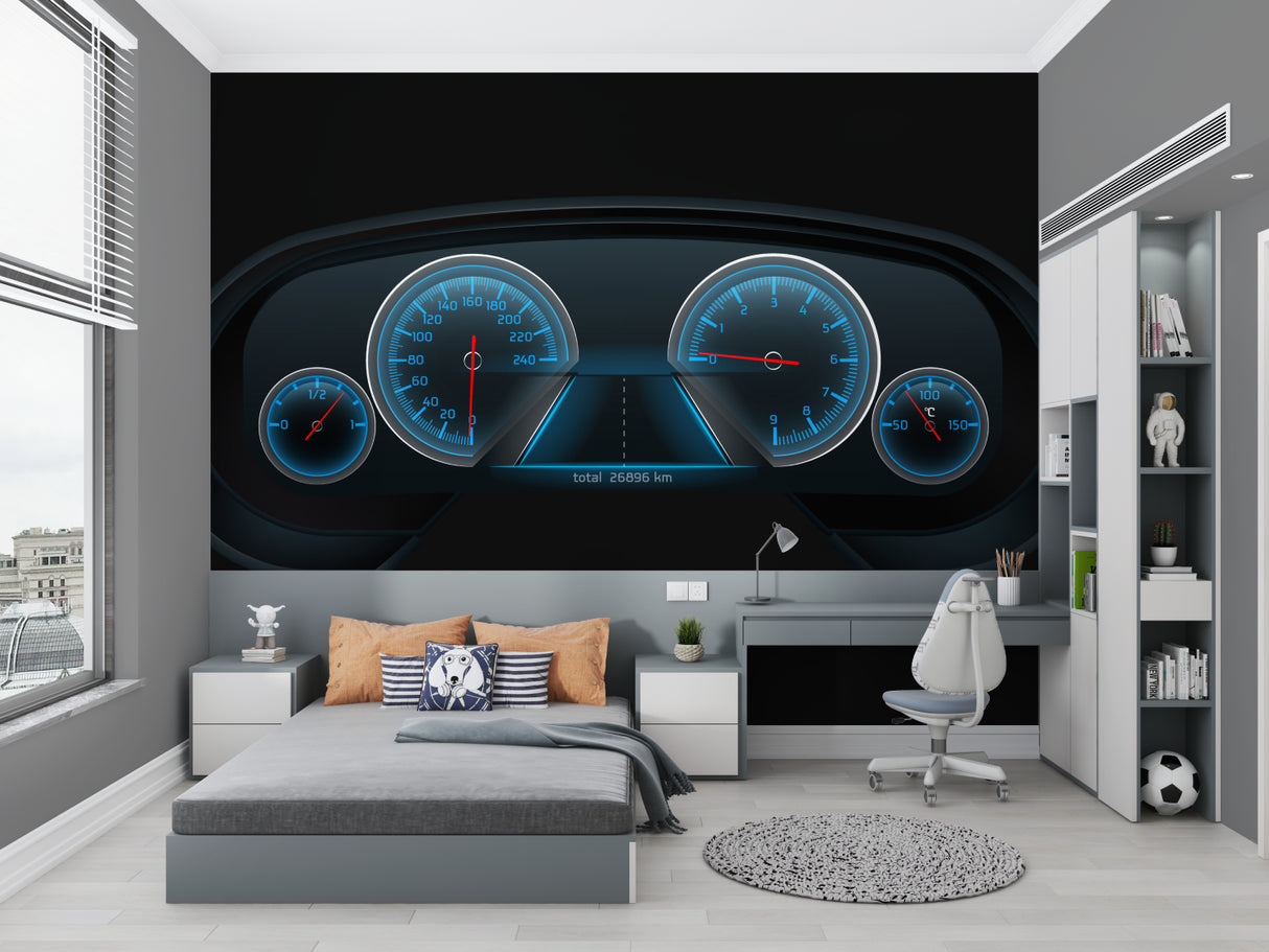 Blue dashboard mural wallpaper installation in stylish home office space