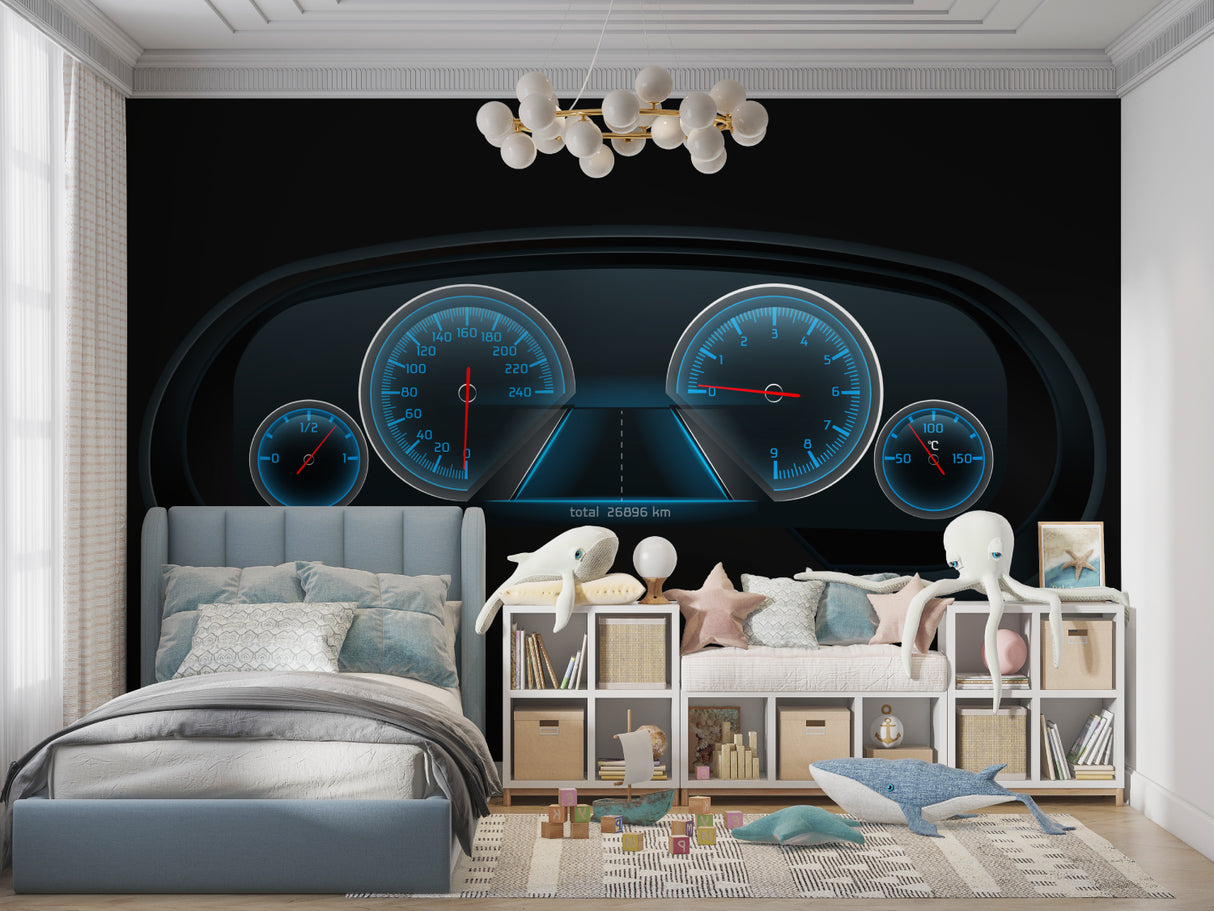 Modern speedometer wallpaper brightening up contemporary gaming room setup