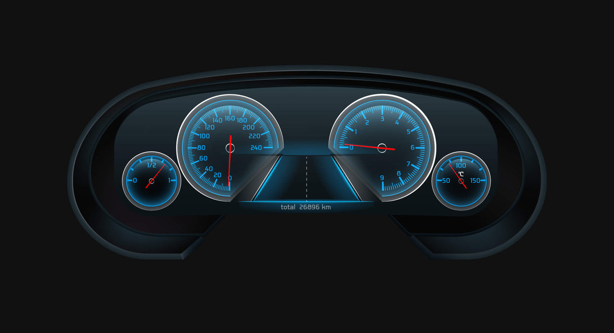 Digital speedometer design file showing detailed blue gauges on black background