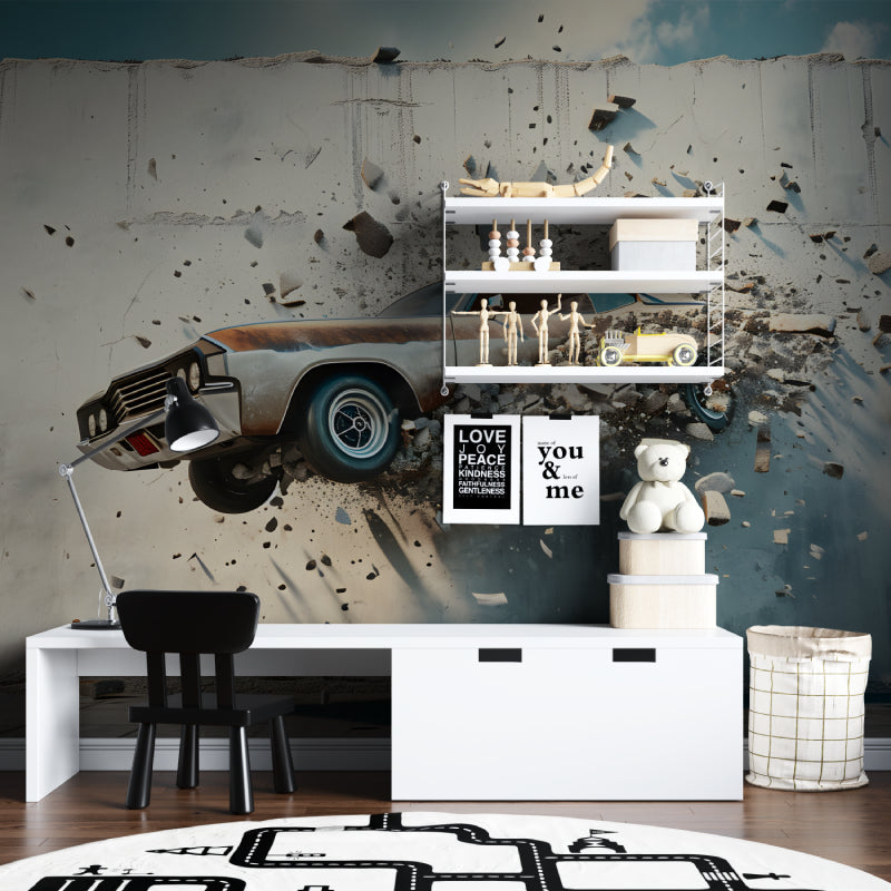 3D car wallpaper breaking through wall in modern office space showing depth effect