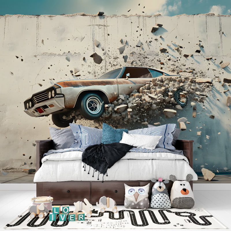 3D breaking wall car design installed in contemporary living room