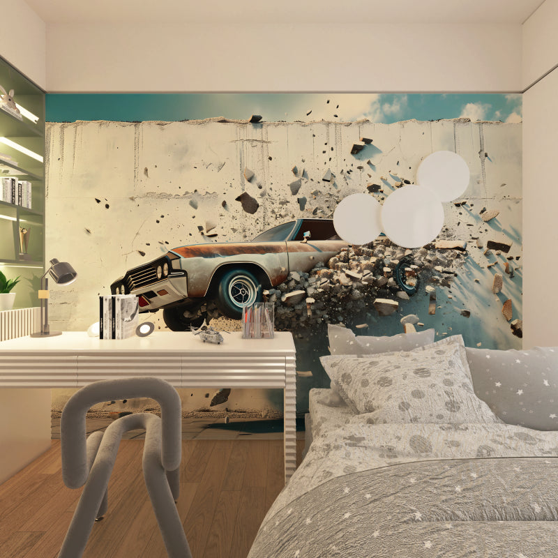 Classic car mural wallpaper transforming garage wall with 3D effect