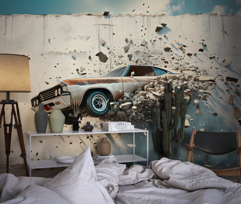 Detailed view of 3D car wallpaper in home entertainment room