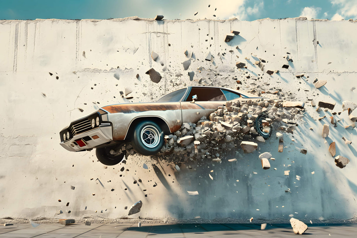 3D Breaking Wall Car design file showing detailed vintage automobile and concrete effect pattern