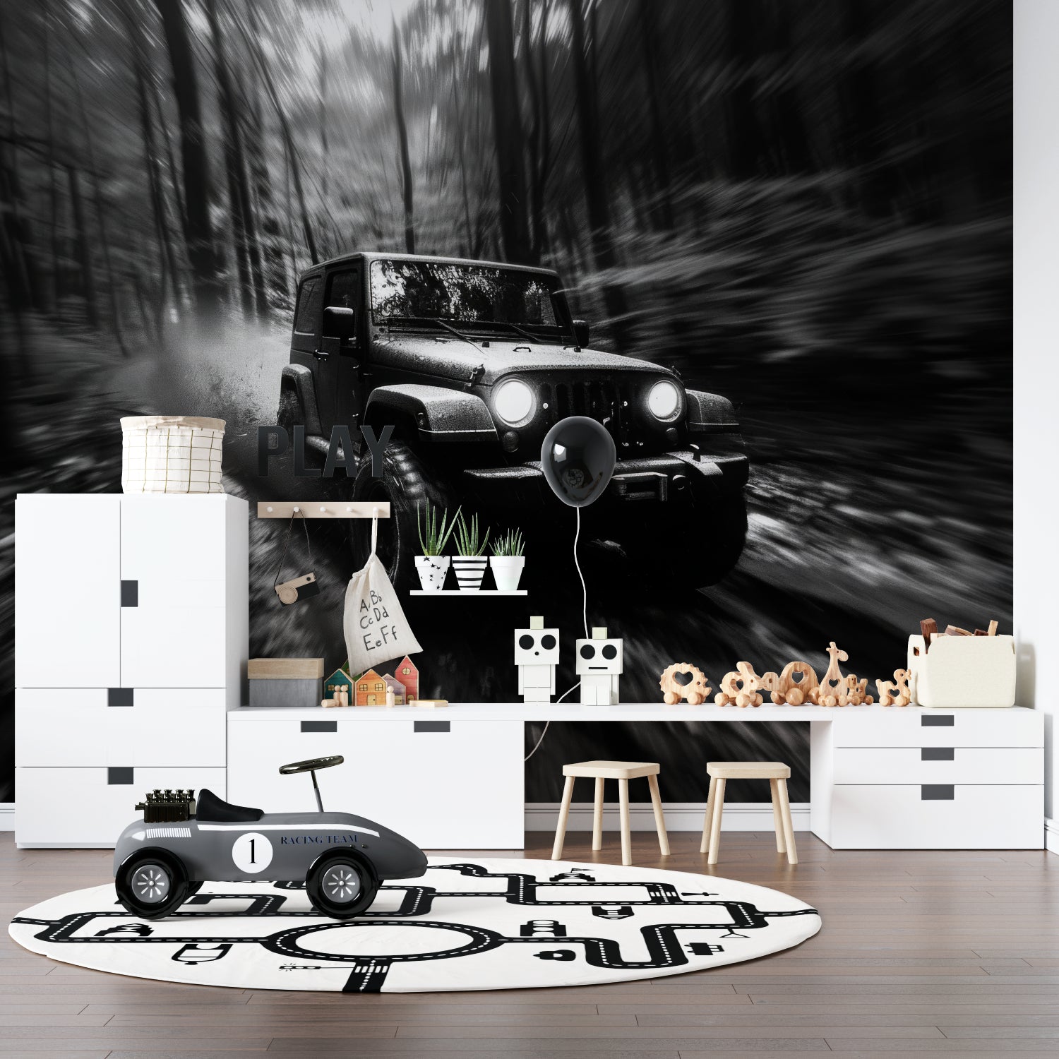 Black and white car wallpaper creating drama in modern living room with grey sofa and minimal decor