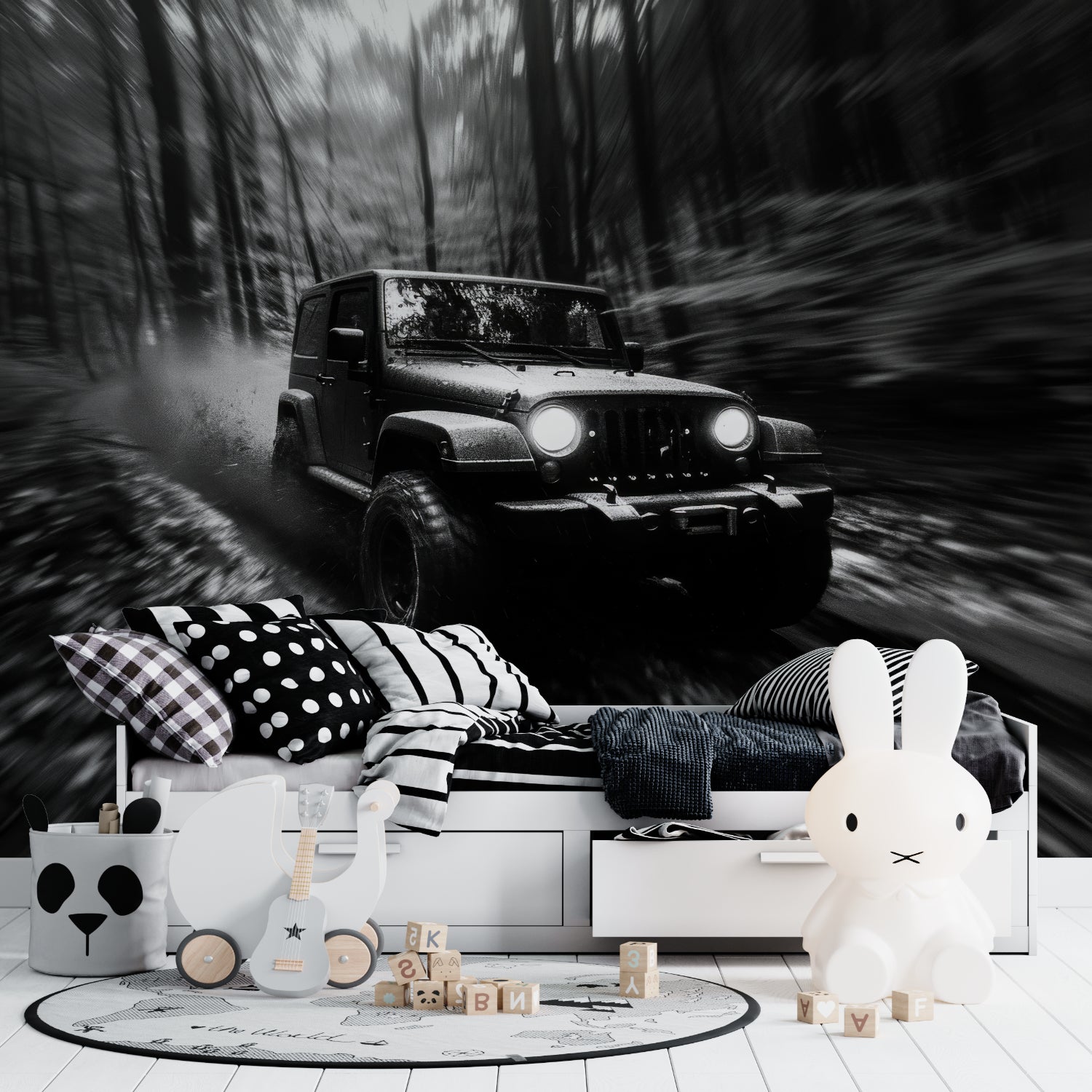 Monochrome car mural in teen bedroom showing dramatic motion effect against white furniture