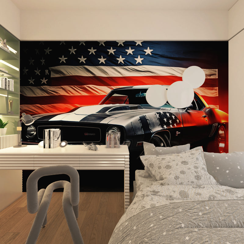 Vintage car mural creating bold statement in teen bedroom with muscle car and patriotic design