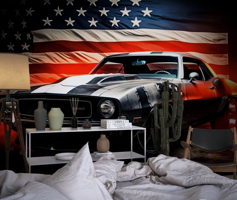 American muscle car wallpaper transforming garage wall with classic automotive theme