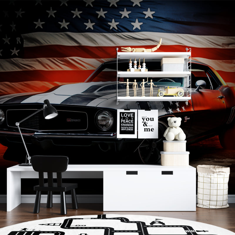 Retro car mural adding character to game room with stunning muscle car and flag details