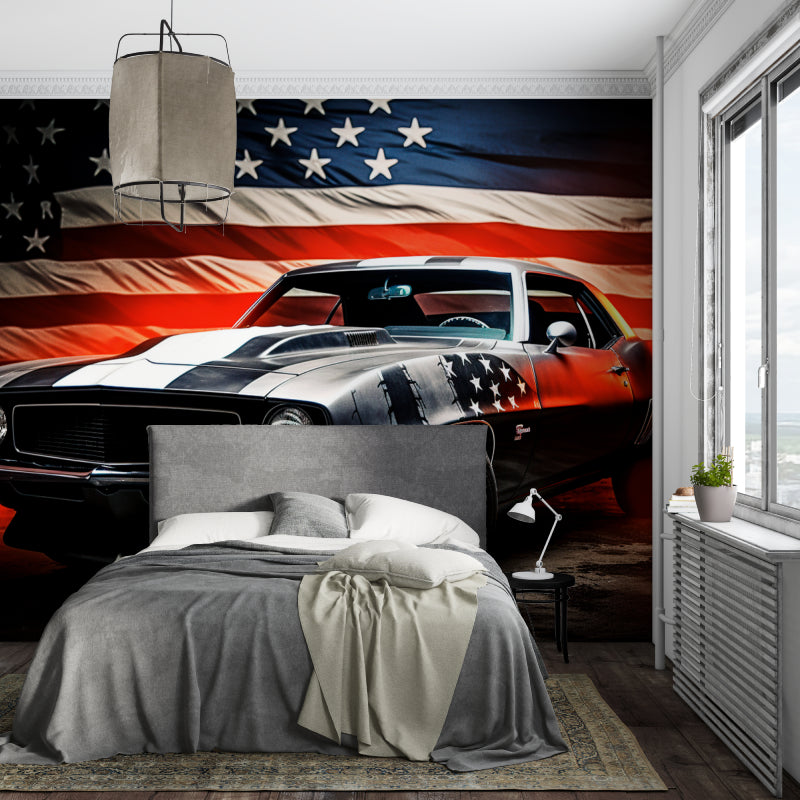 Classic car wall design bringing automotive flair to man cave with American flag backdrop