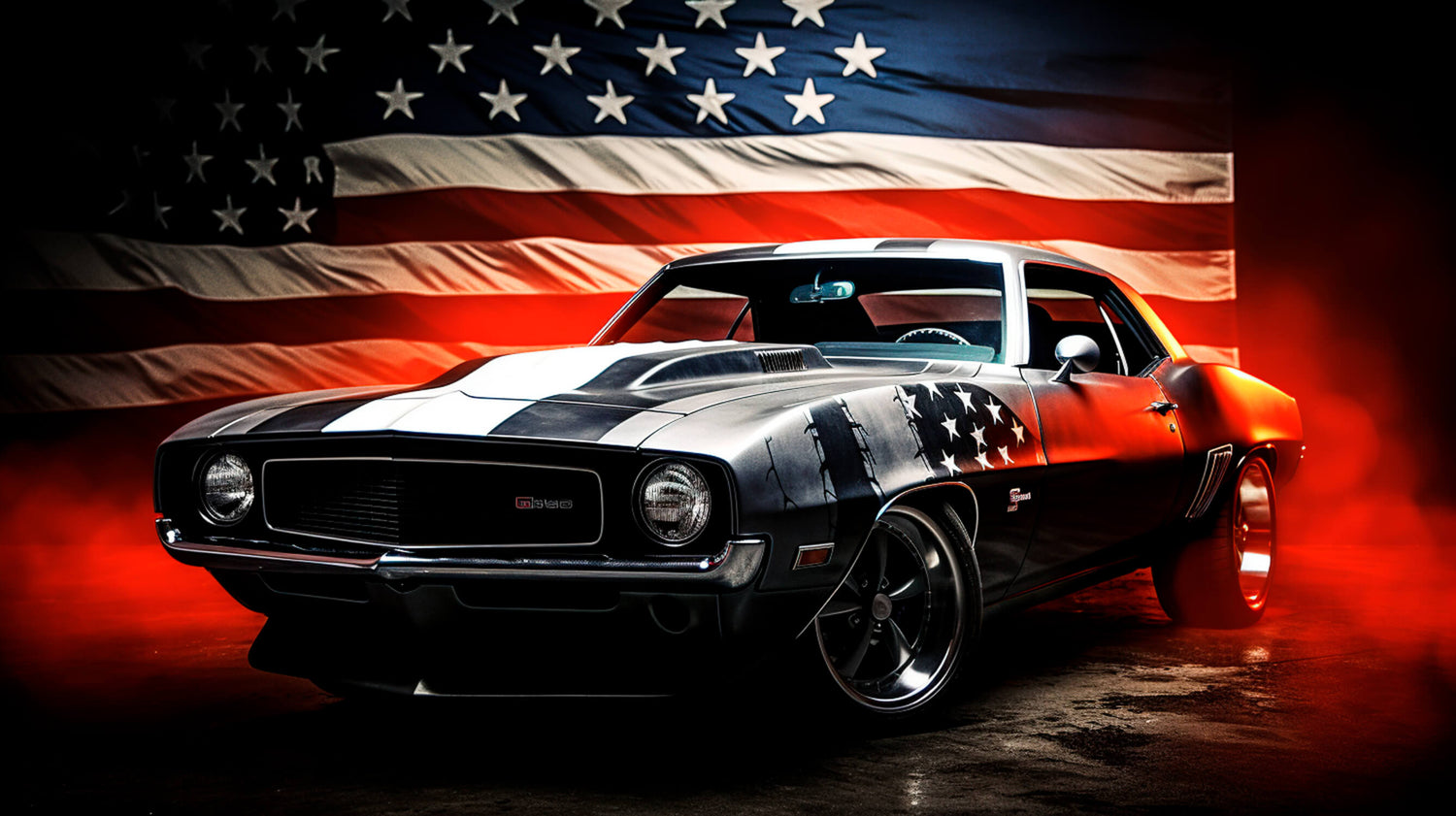 Design file showing detailed pattern of muscle car against American flag background