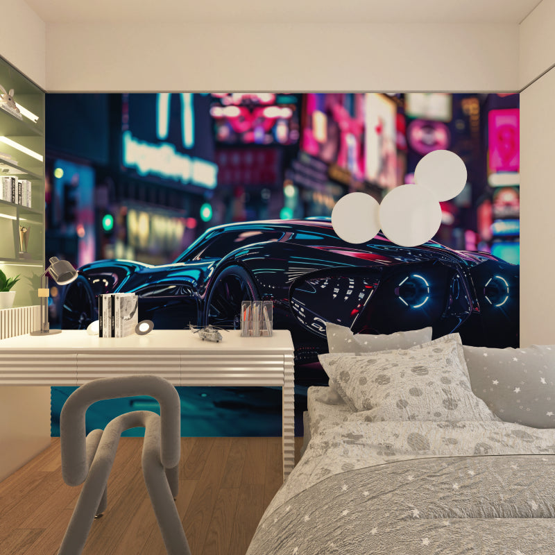 Cyberpunk car wallpaper creating a striking focal point in a modern living room with neon accents