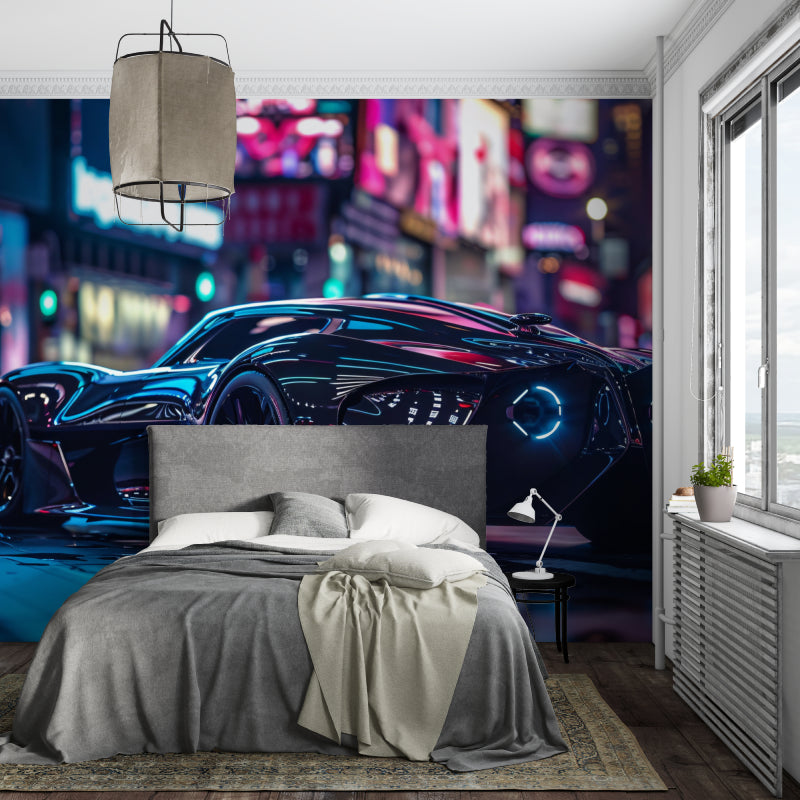 Luxury car mural bringing urban energy to a gaming room setup