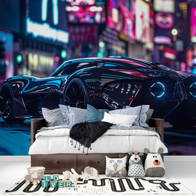 Modern car wallpaper installation in a sleek home office space