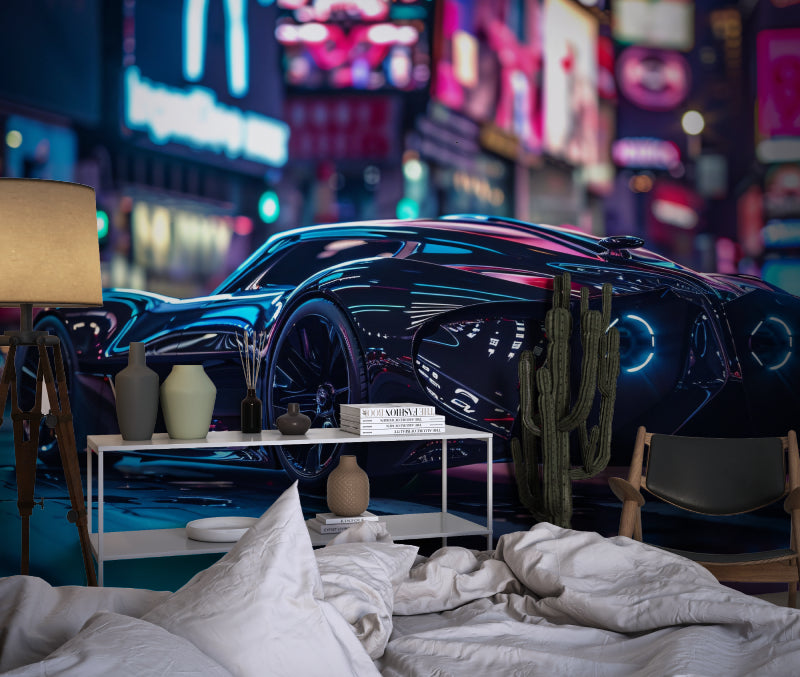 Neon city car mural transforming a teen bedroom with futuristic vibes