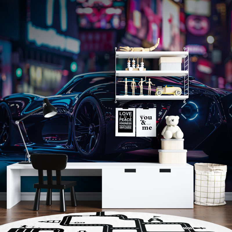Urban night scene wallpaper showcased in a contemporary entertainment room