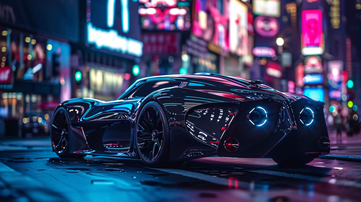 Cyberpunk luxury car design file showing detailed neon effects and urban atmosphere
